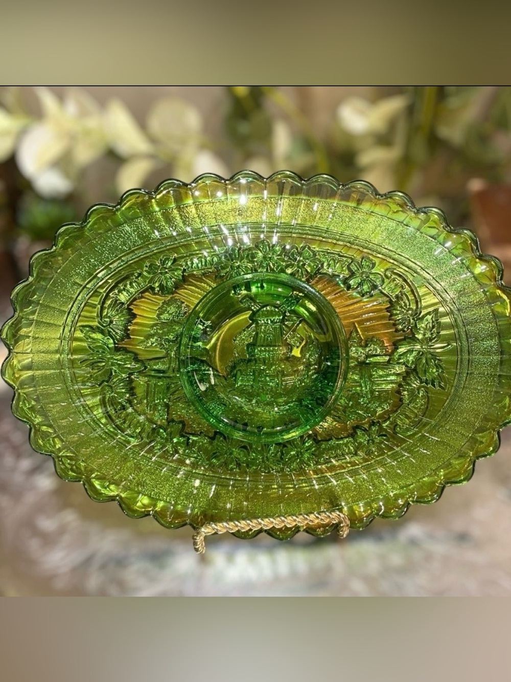 Antique c1915 Imperial Green Carnival Glass Pickle Dish Tray Windmill Floral